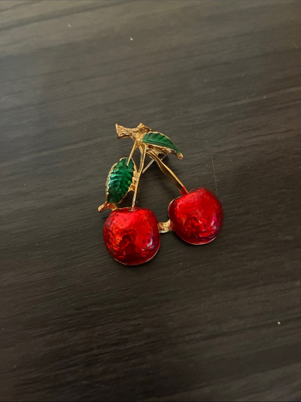 Vintage Inspired Cherry Brooch Red Enamel Fruit Pin Gold Tone Jewelry - Picture 3 of 7